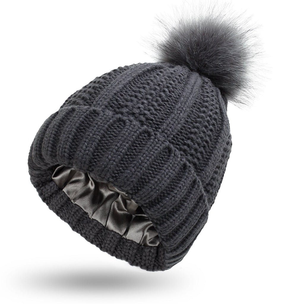 Fashion Stretchy Satin Lined Skull Knit Hats Beanie Hat For Women Faux Fur Pom Pom Hat Winter Keep Warming Beanie Hat Pi-Mart