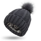 Fashion Stretchy Satin Lined Skull Knit Hats Beanie Hat For Women Faux Fur Pom Pom Hat Winter Keep Warming Beanie Hat Pi-Mart