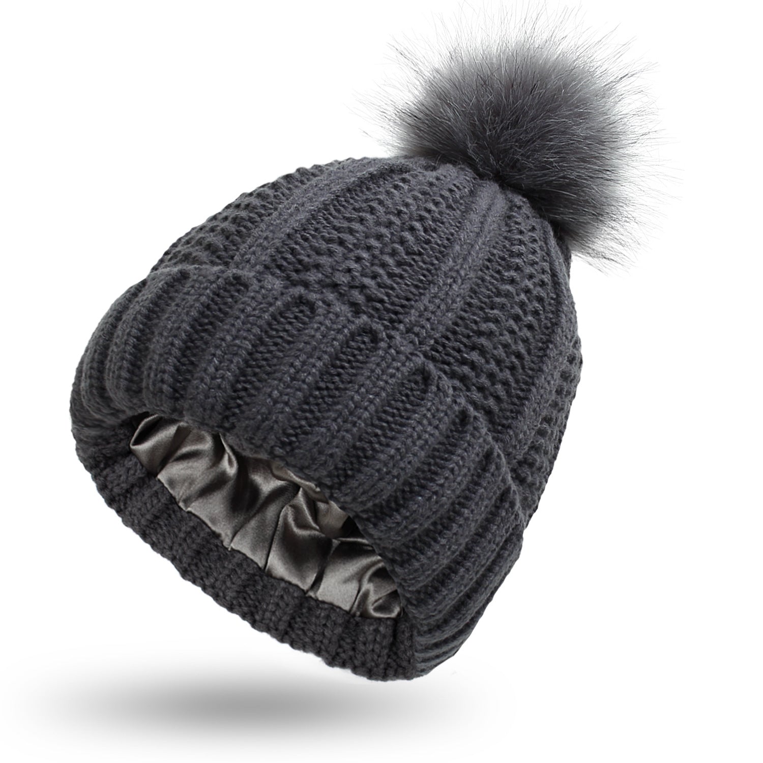 Fashion Stretchy Satin Lined Skull Knit Hats Beanie Hat For Women Faux Fur Pom Pom Hat Winter Keep Warming Beanie Hat Pi-Mart