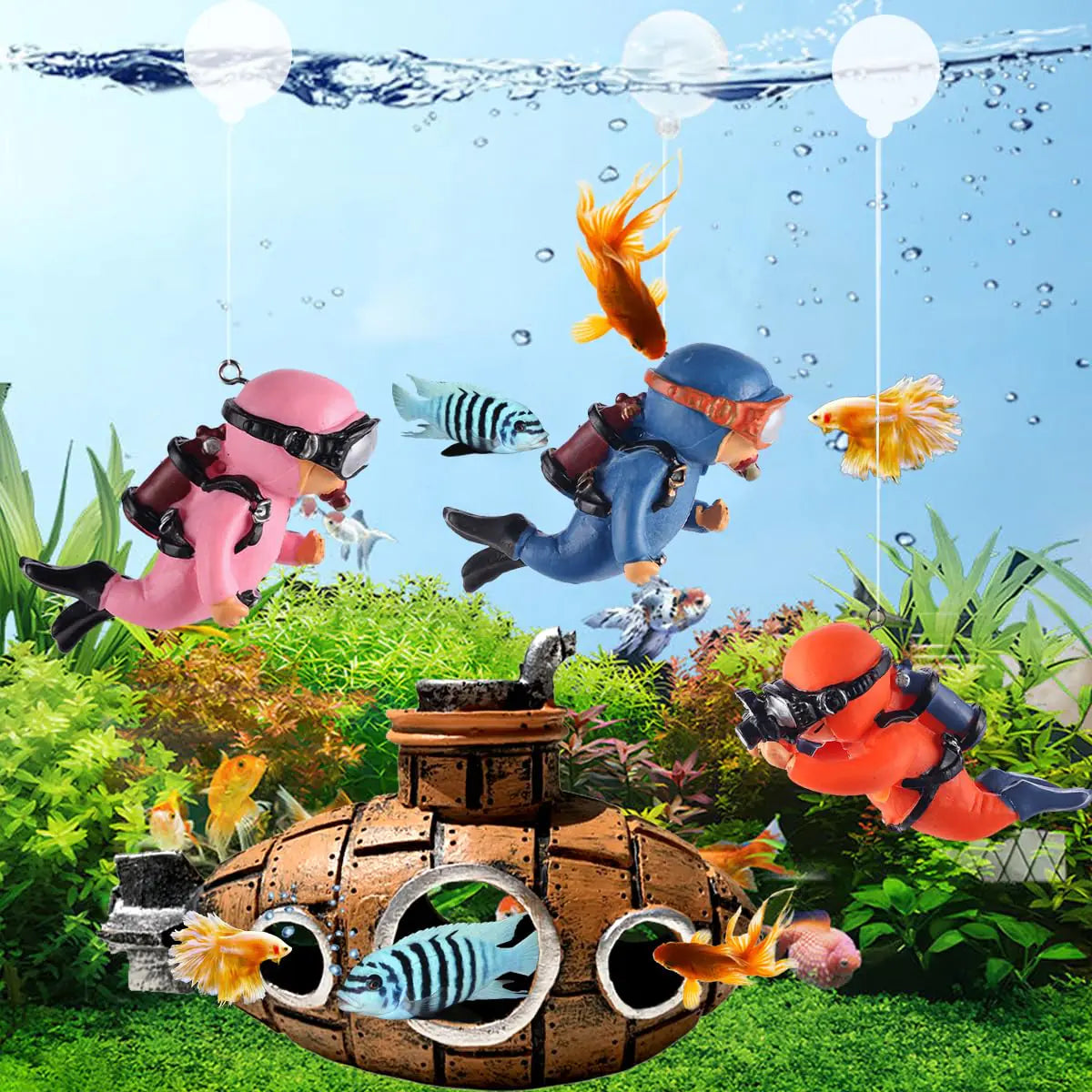 TARANDUS 4 Pcs Fun and Vibrant Fish Tank Decorations - Cute Floating Diver and Retro Submarine Set - Perfect Aquarium Accessories for Betta Fish and Floating Aquarium Decor (Style-02) Lootquake LLC