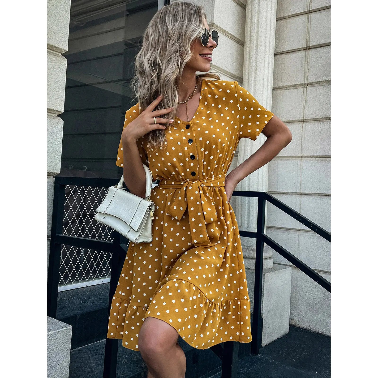 European And American Summer V Neck Short Sleeved Ruffled Polka Dot Dress Pi-Mart