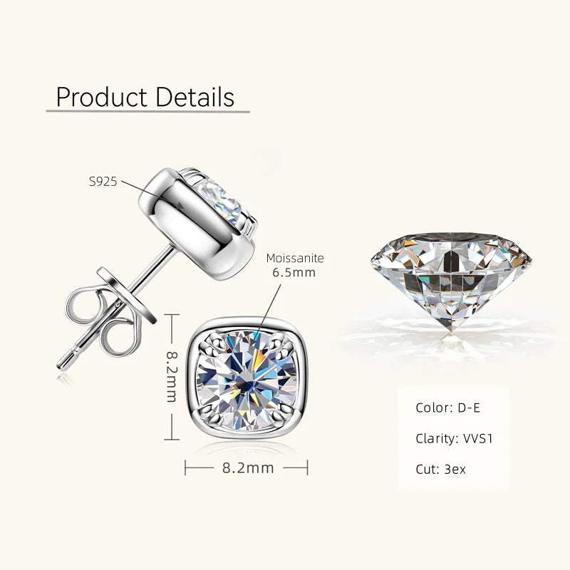 6.5mm 1ct Round Moissanite Stud Earrings 925 Sterling Silver Square Setting BandsCo Straps