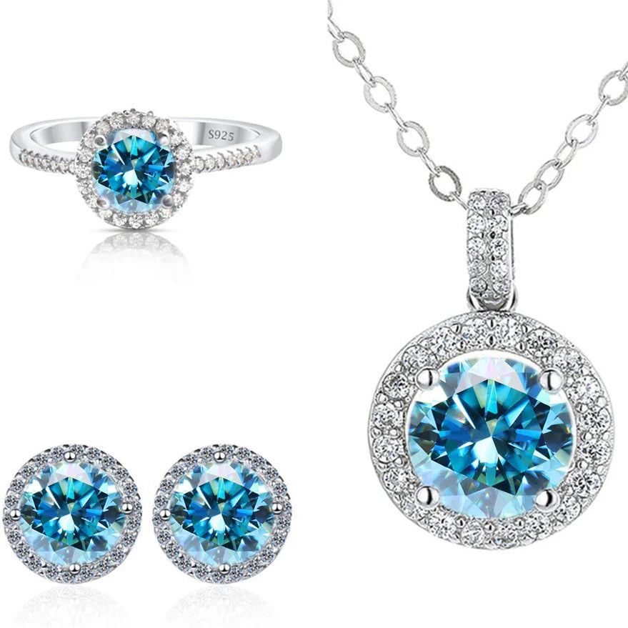 6.5mm Moissanite 925 Sterling Silver Bridal Jewelry Set Ring Earring Pendant BandsCo Straps