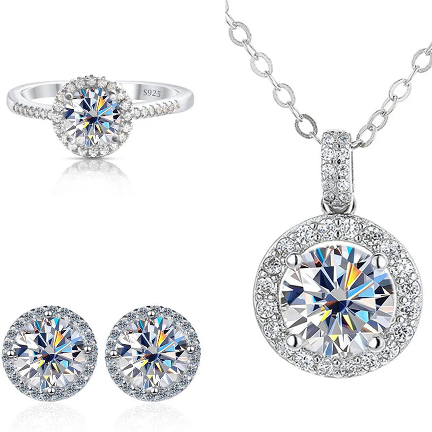 6.5mm Moissanite 925 Sterling Silver Bridal Jewelry Set Ring Earring Pendant BandsCo Straps