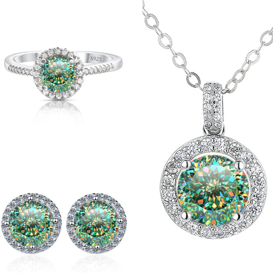 6.5mm Moissanite 925 Sterling Silver Bridal Jewelry Set Ring Earring Pendant BandsCo Straps