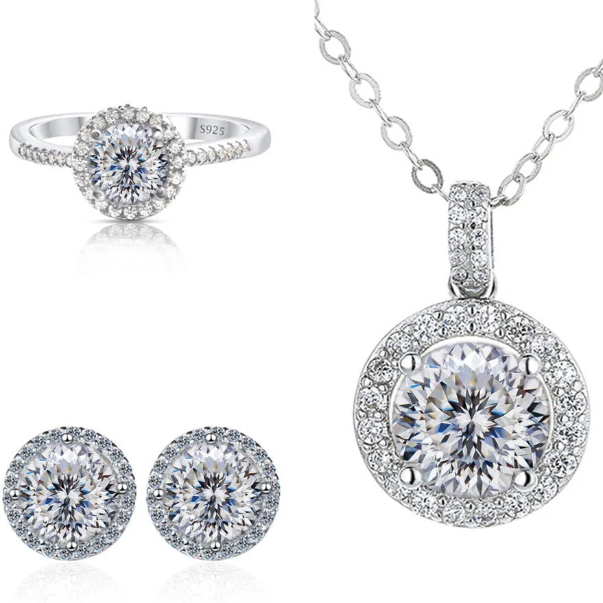 6.5mm Moissanite 925 Sterling Silver Bridal Jewelry Set Ring Earring Pendant BandsCo Straps