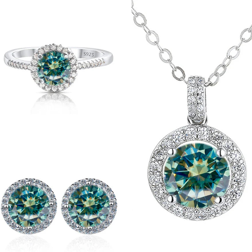 6.5mm Moissanite 925 Sterling Silver Bridal Jewelry Set Ring Earring Pendant BandsCo Straps