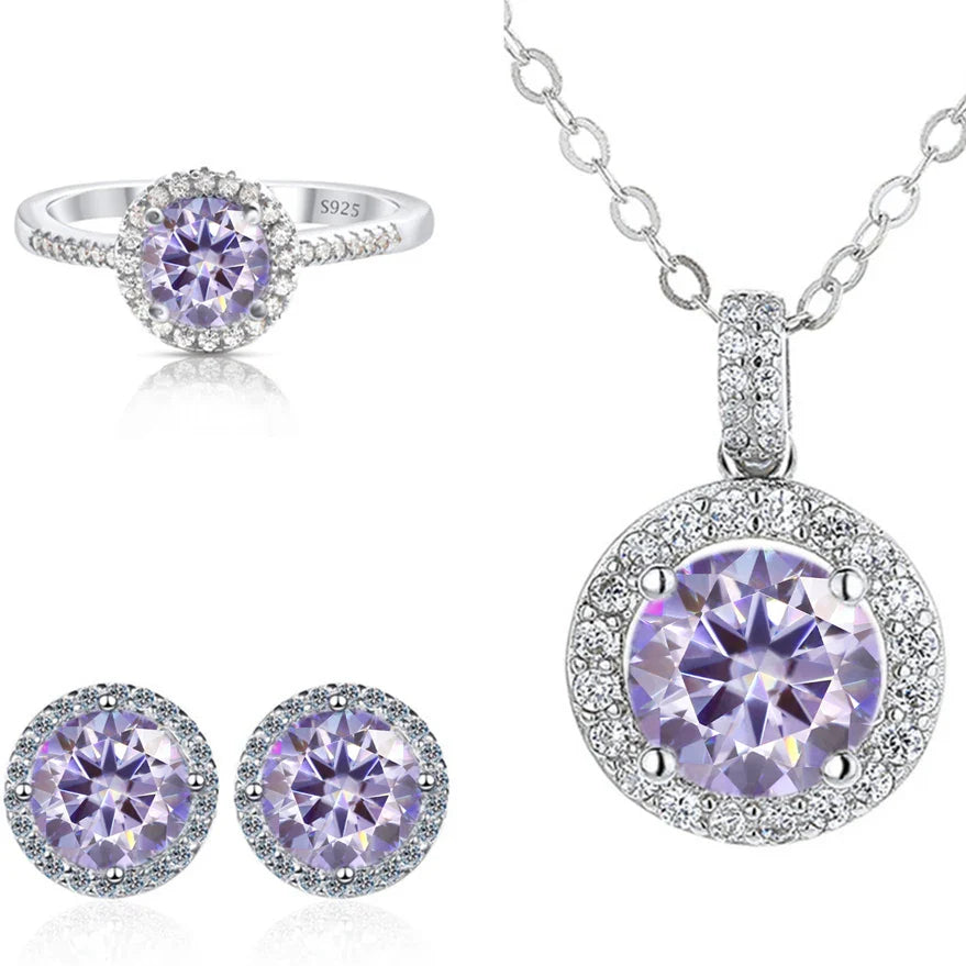 6.5mm Moissanite 925 Sterling Silver Bridal Jewelry Set Ring Earring Pendant BandsCo Straps