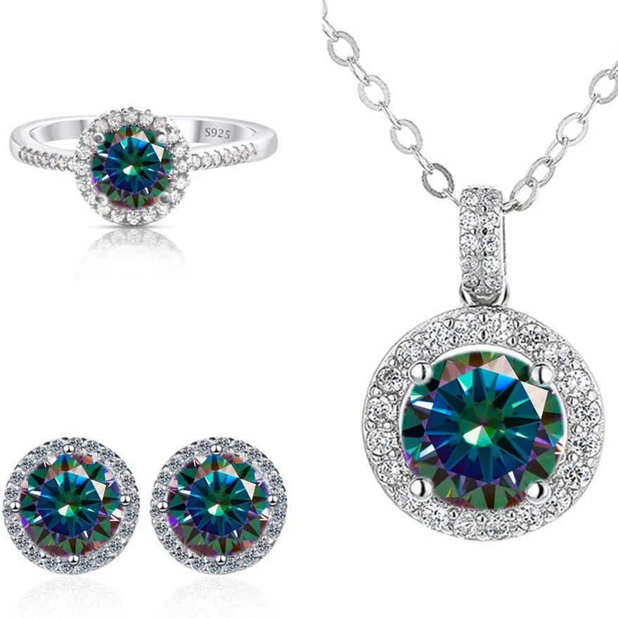 6.5mm Moissanite 925 Sterling Silver Bridal Jewelry Set Ring Earring Pendant BandsCo Straps
