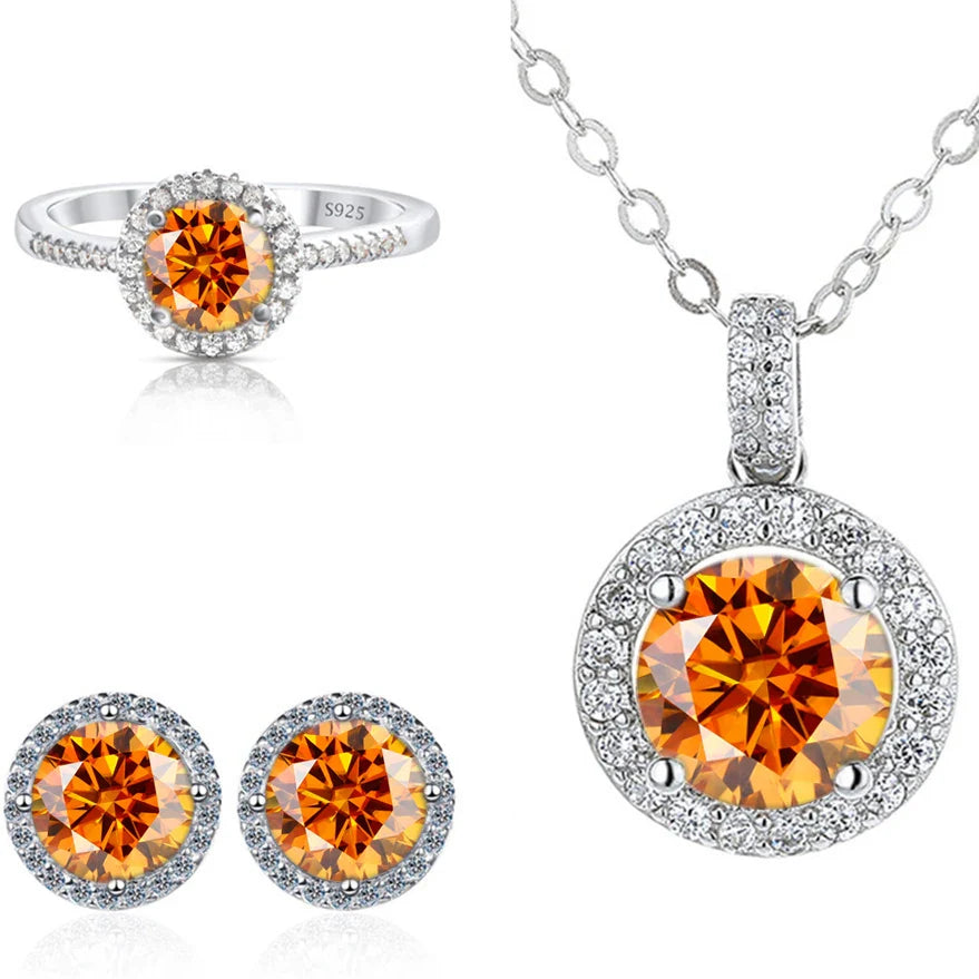 6.5mm Moissanite 925 Sterling Silver Bridal Jewelry Set Ring Earring Pendant BandsCo Straps