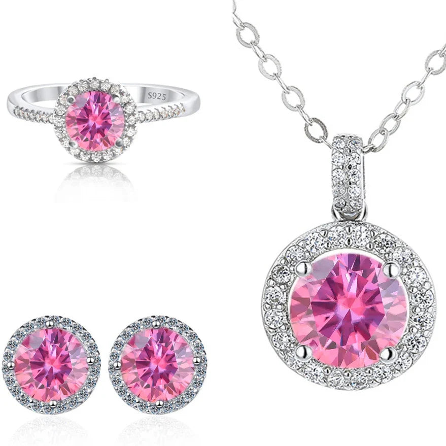 6.5mm Moissanite 925 Sterling Silver Bridal Jewelry Set Ring Earring Pendant BandsCo Straps