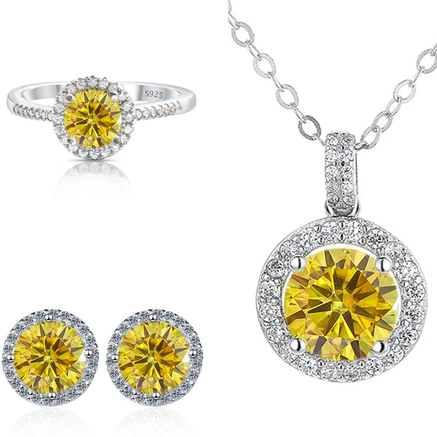 6.5mm Moissanite 925 Sterling Silver Bridal Jewelry Set Ring Earring Pendant BandsCo Straps