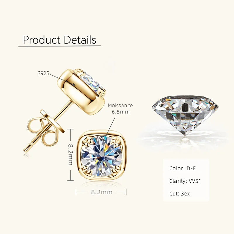 6.5mm 1ct Round Moissanite Stud Earrings 925 Sterling Silver Square Setting BandsCo Straps