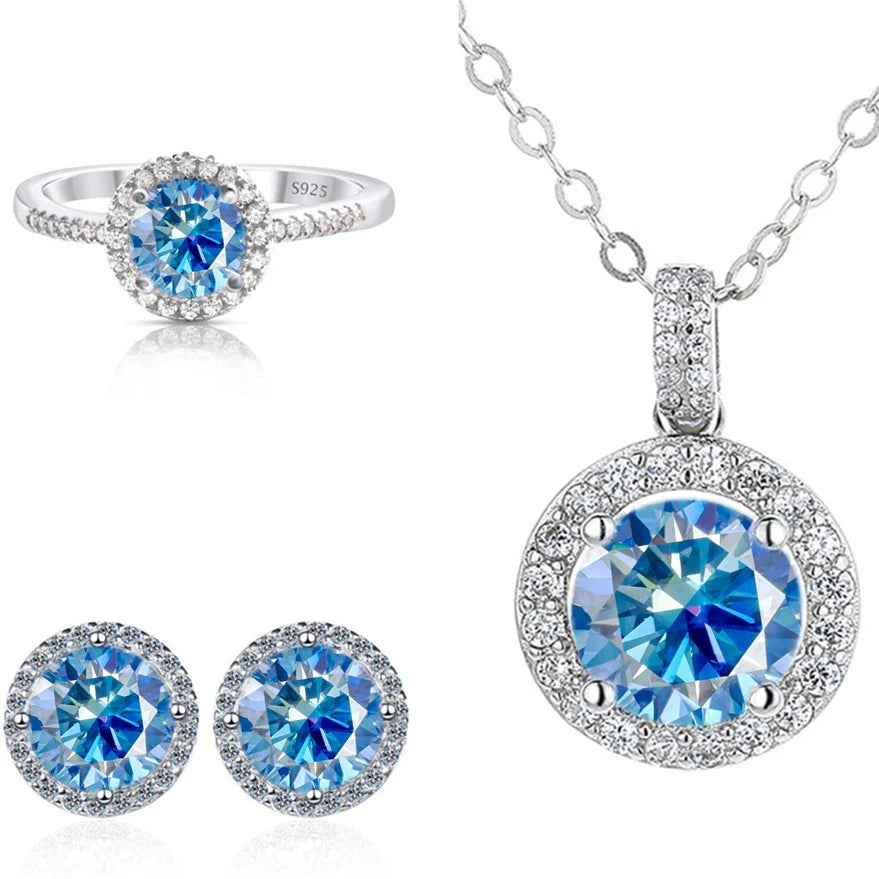 6.5mm Moissanite 925 Sterling Silver Bridal Jewelry Set Ring Earring Pendant BandsCo Straps