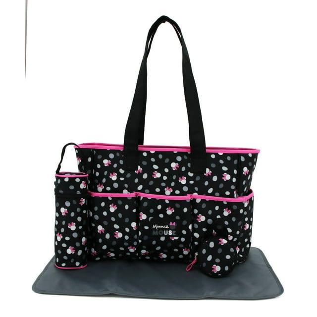 Disney Minnie Mouse Multi Piece Diaper Bag set with Minnie Mouse Toss Heads Print (includes changing pad, insulated bottle holder and pacifier holder EasyOptionXY LLC