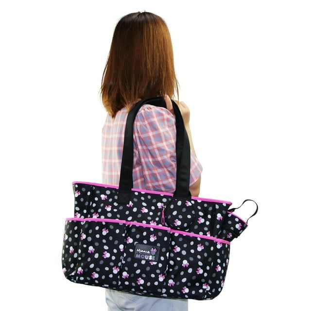 Disney Minnie Mouse Multi Piece Diaper Bag set with Minnie Mouse Toss Heads Print (includes changing pad, insulated bottle holder and pacifier holder EasyOptionXY LLC