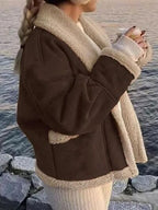 Fuzzy Collared Neck Long Sleeve Jacket with Buttoned Closure and Cozy Pockets Stevvex
