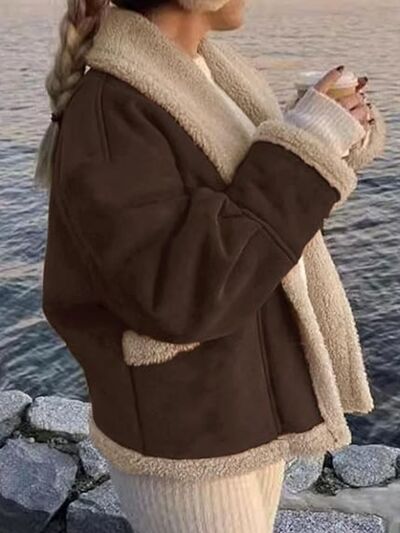 Fuzzy Collared Neck Long Sleeve Jacket with Buttoned Closure and Cozy Pockets Stevvex
