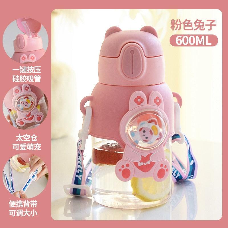 600ml Kids Water Bottles Summer Cute High Beauty Straw Cup for Girls School Baby Leak proof Cartoon Children Water Bottle Water Bottle Cute Water Bottles for Girls Water Bottle with Straw and Adjustable Strap Portable Leakproof Bottles Stevvex