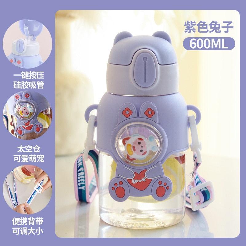 600ml Kids Water Bottles Summer Cute High Beauty Straw Cup for Girls School Baby Leak proof Cartoon Children Water Bottle Water Bottle Cute Water Bottles for Girls Water Bottle with Straw and Adjustable Strap Portable Leakproof Bottles Stevvex