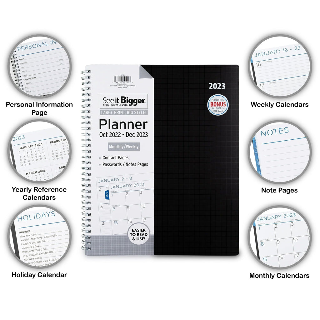See It Bigger Monthly & Weekly Planner, April 2023 - June 2024 (9.75" x 11") Black
