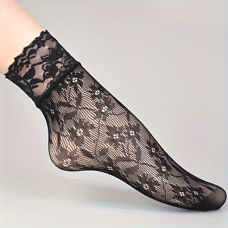 6 Pairs Floral Lace Fishnet Socks, Ultra-thin Ankle Socks, Women's Stockings & Hosiery