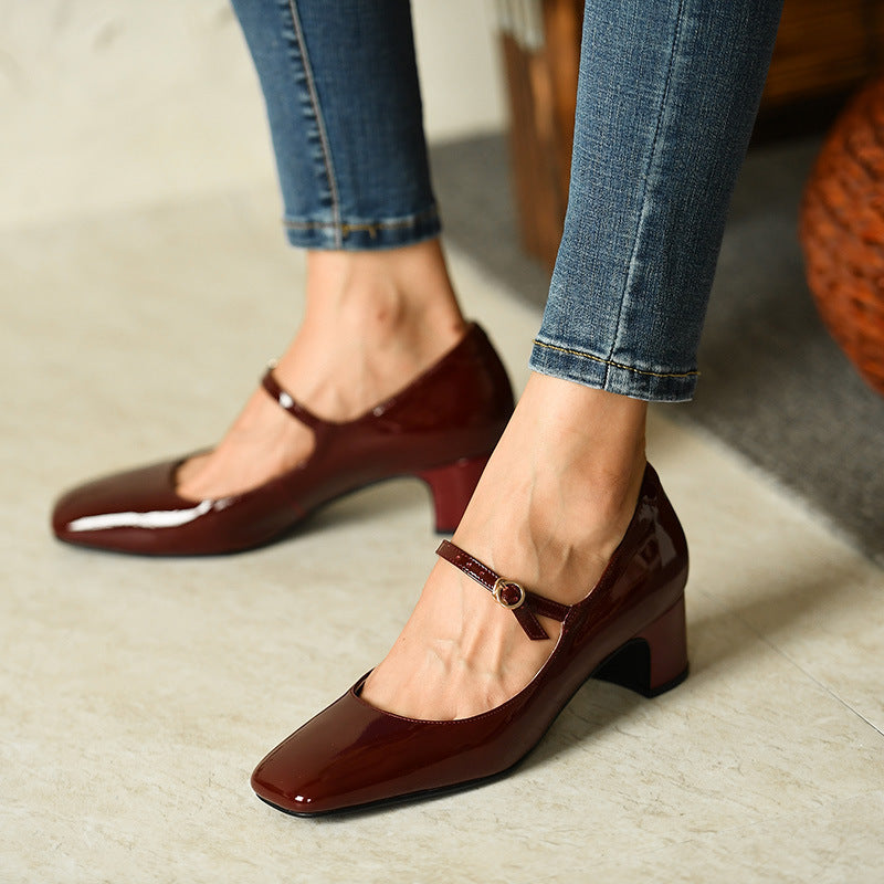 Burgundy bright leather strap square toe shoes for women Pi-Mart