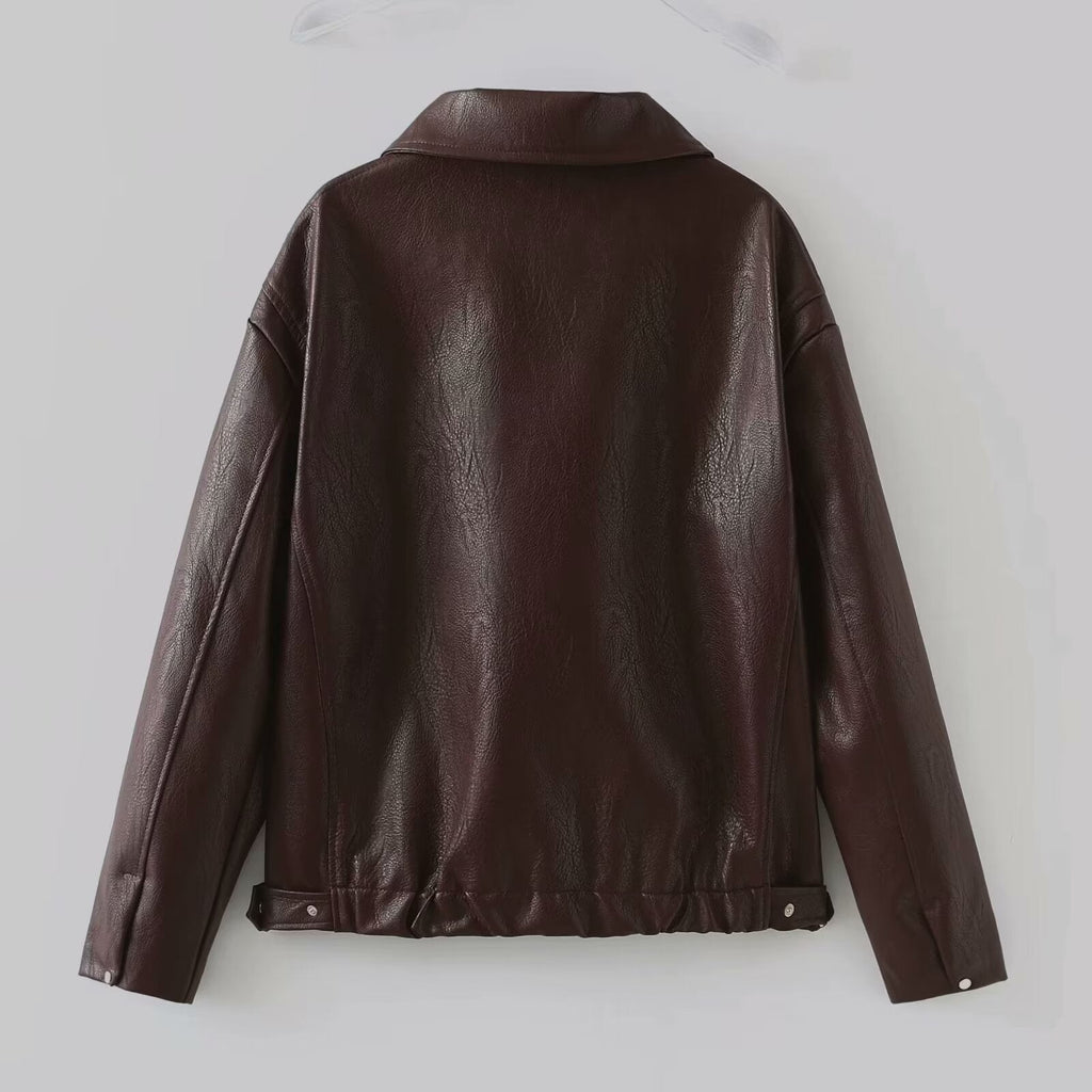 Solid Color Lapel Zipper Jacket Fashion Casual Long Sleeve Leather Coat Tops Women Clothing Pi-Mart