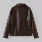 Solid Color Lapel Zipper Jacket Fashion Casual Long Sleeve Leather Coat Tops Women Clothing Pi-Mart