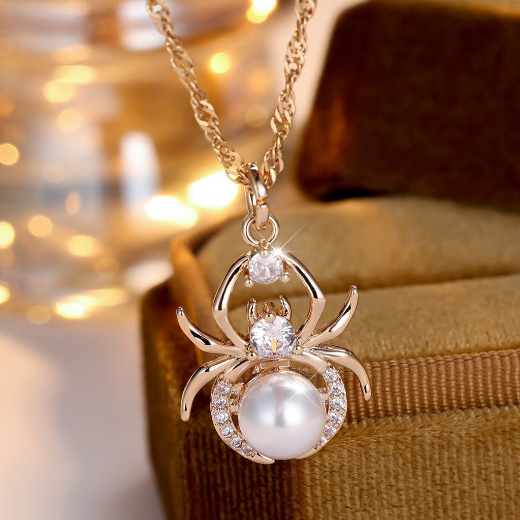 Champagne Gold Round White Diamond Pearl Spider Necklace Pi-Mart