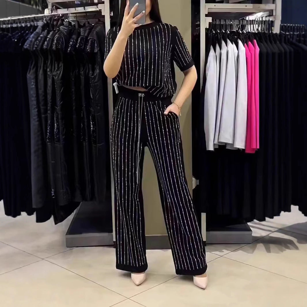 Vertical Striped Rhinestone Top Two-piece Set Pi-Mart