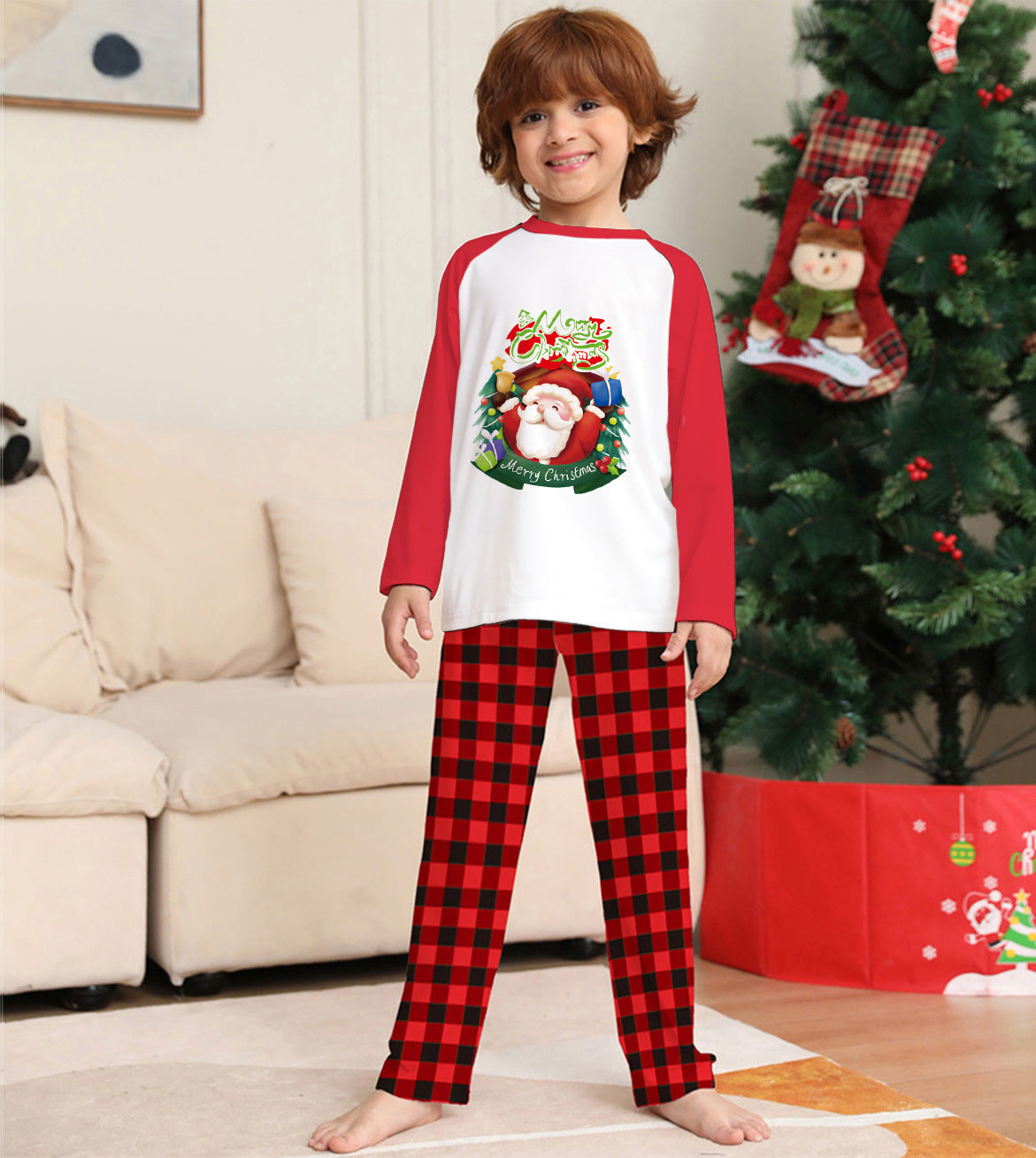 Parent-Child Clothes Set Long Sleeve T-Shirt Plaid Pants Family Matching Pajamas Pi-Mart
