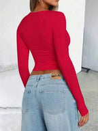 Solid Color Round Neck Long Sleeve T-Shirt THRIXINE