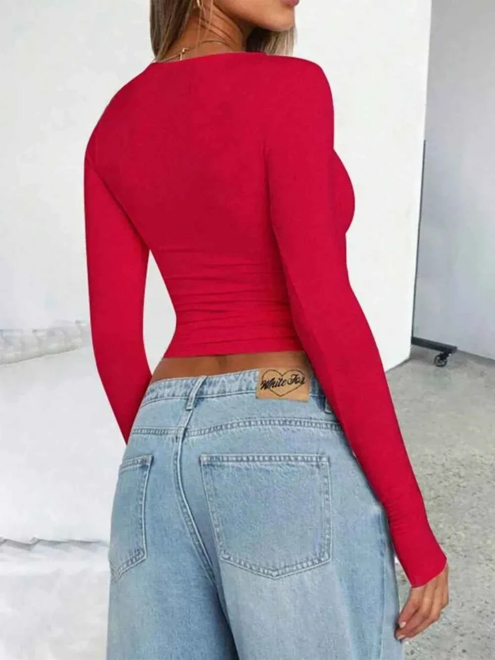 Solid Color Round Neck Long Sleeve T-Shirt THRIXINE