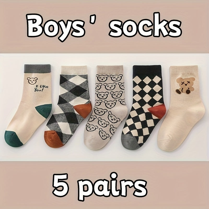 5 Pairs of Vibrant Cartoon Checkered Crew Socks for Boys - Calf Socks with Breathable, Comfy, Casual Style for Unisex Kids, Perfect for Outdoor Play All Seasons, Soft, Gentle, and Durable Lootquake LLC