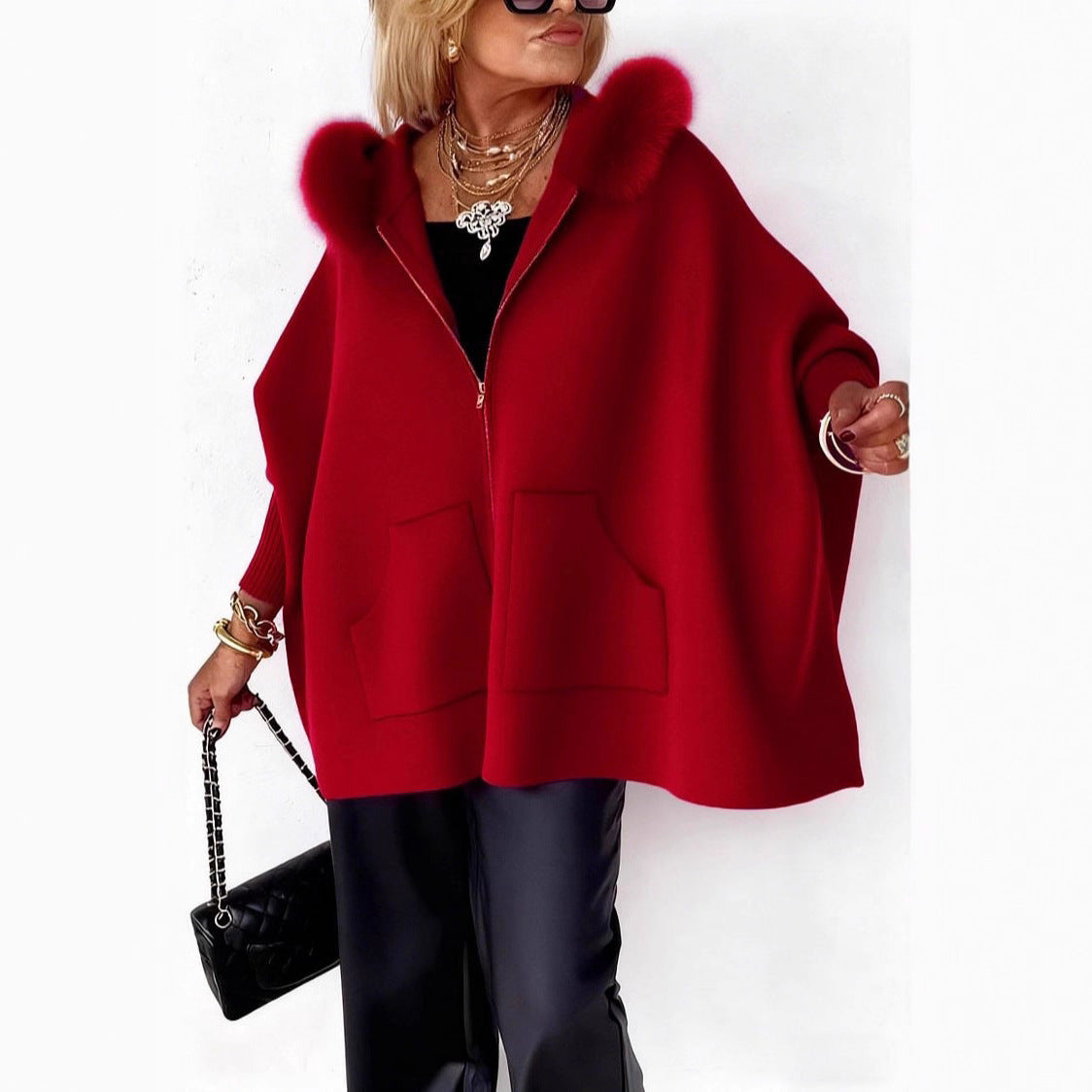 Women's Plush Hooded Cardigan - Batwing Sleeve Zip Up Knitted Jacket with Pockets