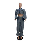 Denim Pant Set Women Two Piece Sets Turn Down Collar Mom Jeans Loose Casual Tops Wide Leg Long Pants High Waist Y2k Streetwear Purplish Diva