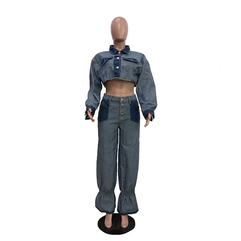 Denim Pant Set Women Two Piece Sets Turn Down Collar Mom Jeans Loose Casual Tops Wide Leg Long Pants High Waist Y2k Streetwear Purplish Diva