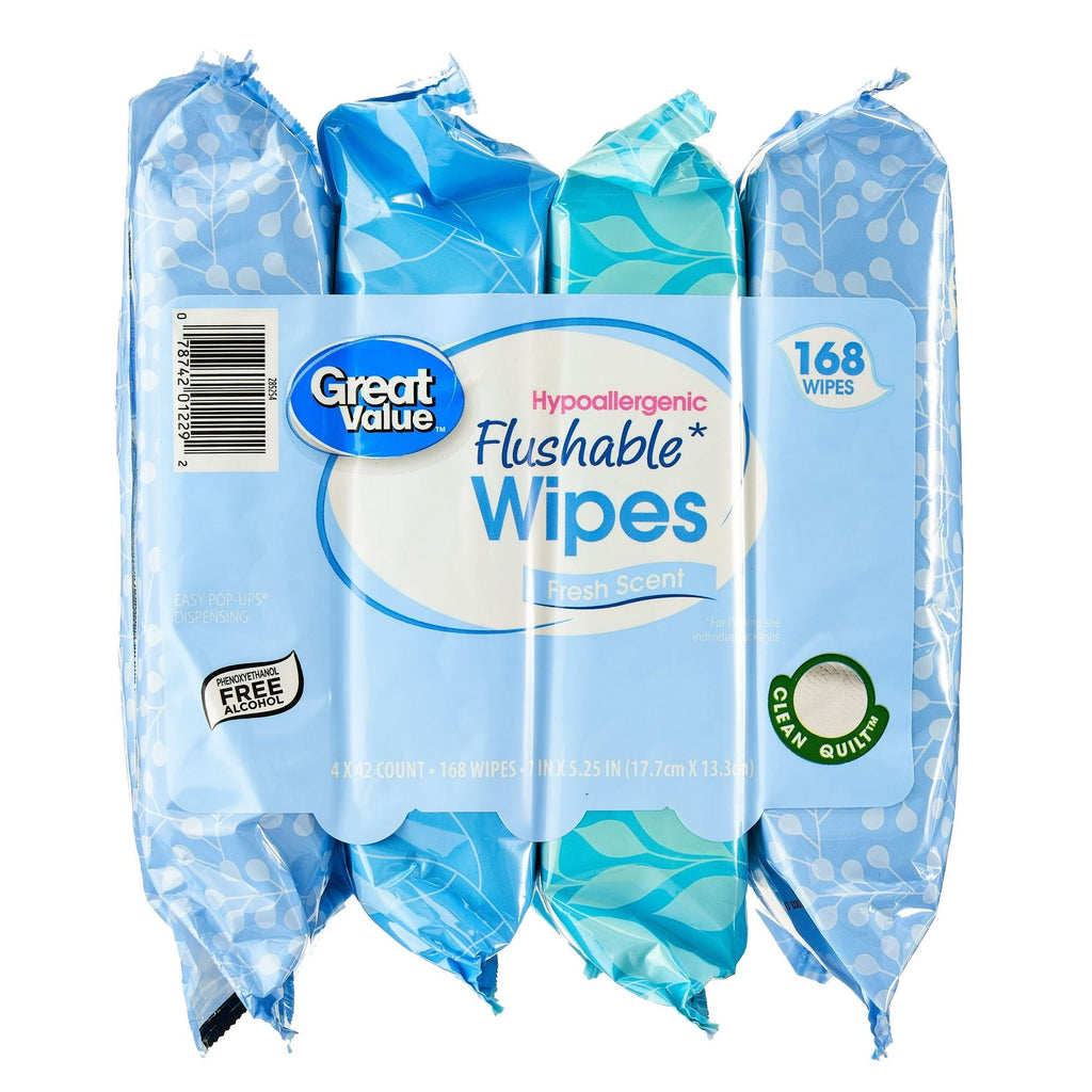 Great Value Fresh Scent Flushable Wipes, 4 Resealable Packs, 168 Total Wipes EasyOptionXY LLC