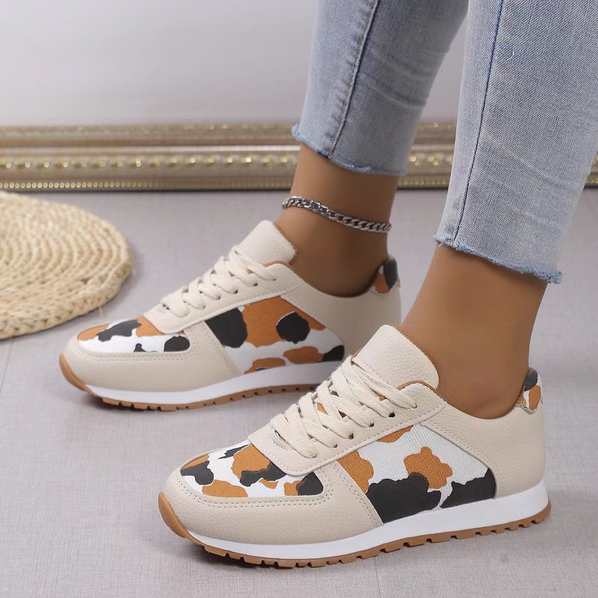 Women's Leopard Print Sneakers - Fashion Lace-Up PU Sports Shoes for Running/Walking (Non-Slip Rubber Sole, Breathable Mesh Lining) Pi-Mart