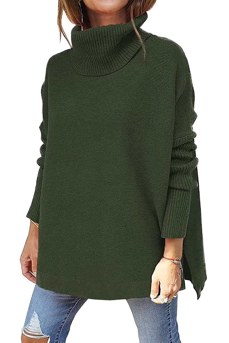 Turtleneck Sweater Mid Length Batwing Sleeve Slit Hem Tunic Pullover Sweaters Winter Tops Women Clothing Pi-Mart