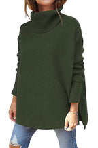 Turtleneck Sweater Mid Length Batwing Sleeve Slit Hem Tunic Pullover Sweaters Winter Tops Women Clothing Pi-Mart
