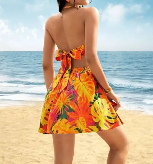 Ladies' Summer Contrasting Tropical Print Hanging Neck With V-neck Hollow Out Pleated Beach Vacation Style Short Dress - SJB-DIAMOND ELITES