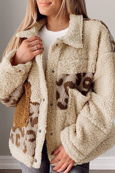 Comfortable Leopard Print Sherpa Jacket with Collared Neck And Functional Pockets Soft Women Jacket Stevvex