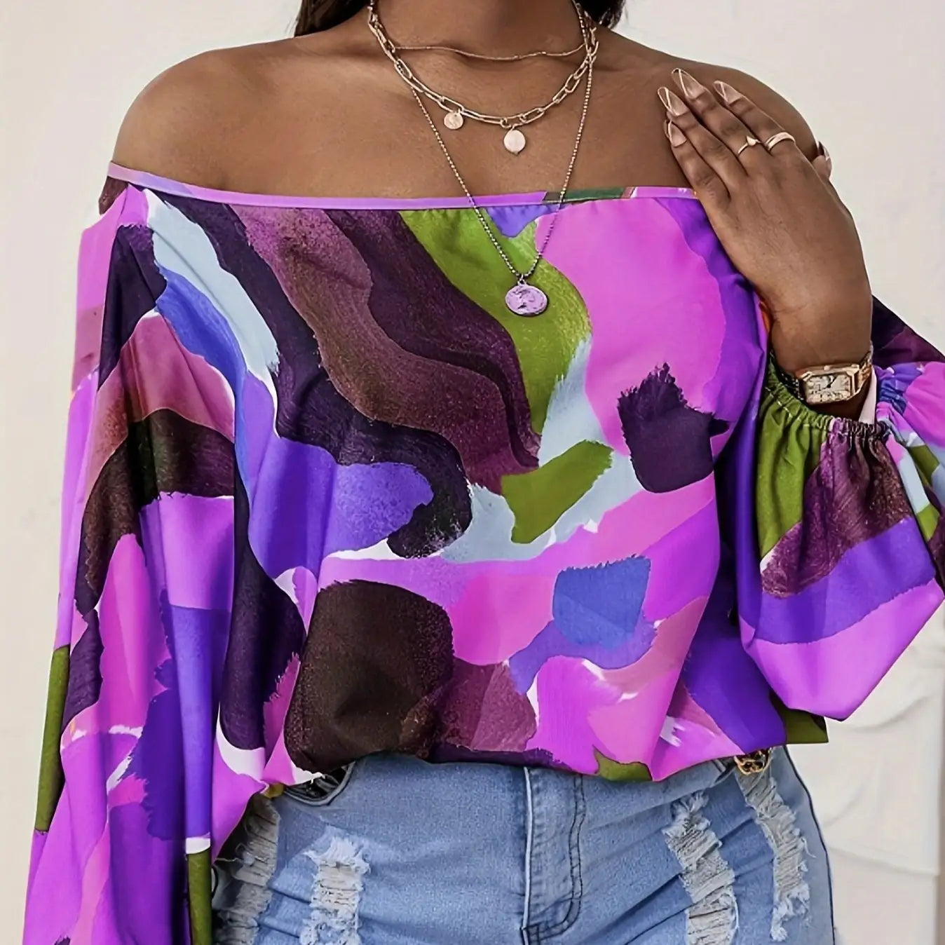 Ladies' Fashionable And Casual Off Shoulder Printed Lantern Sleeves, Loose And Comfortable Versatile T-shirt Top - SJB-DIAMOND ELITES