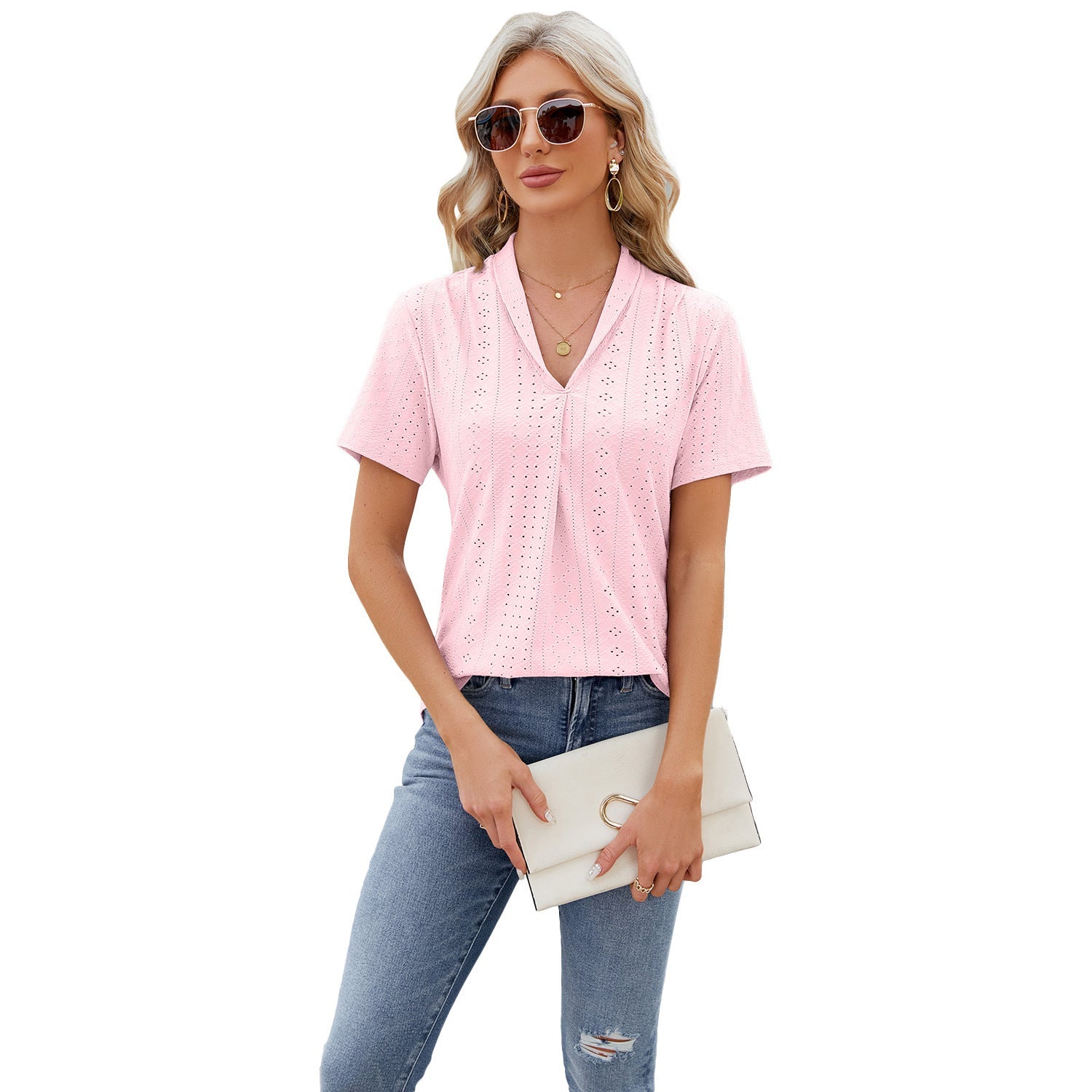 V-neck Hollow Design T-shirt Summer Loose Short-sleeved Top For Womens Clothing Pi-Mart