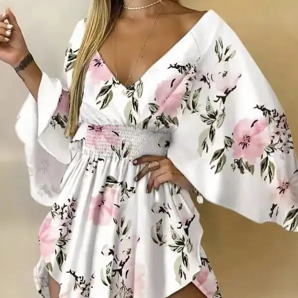 Ladies' Floral Print Waist With Ruffled Edges, Big V-neck, Sexy Asymmetrical Hem, Elegant Seaside Vacation Style Short Dress - SJB-DIAMOND ELITES