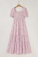 White Frill Neckline Shirred Bodice Floral Maxi Dress