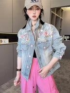 Spring Autumn Short Denim Jacket 2025 New Women's Embroidery Denim Outwear Chinese Style Women Denim Coat Women Loose Jeans Coat Purplish Diva