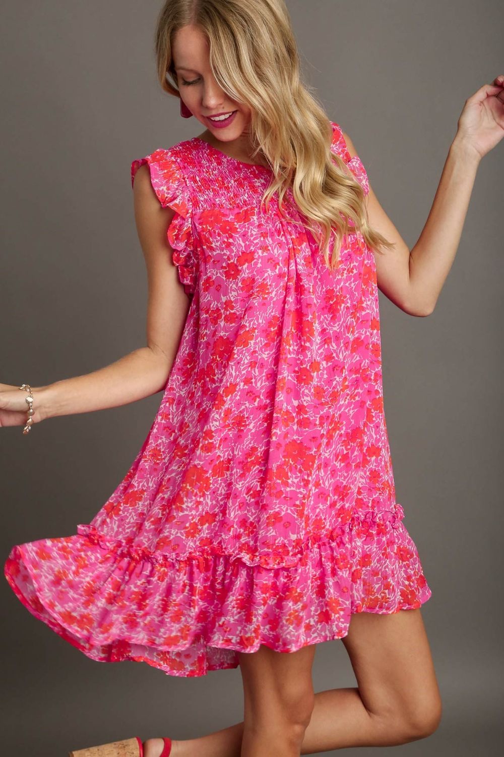 Pink Full Size Smocked Detail Floral Ruffle Cap Sleeve Dress Plus Size Glamorous & Feminine Dress Stevvex